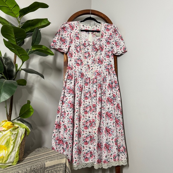 Vintage Dresses & Skirts - Vintage Country Romance 14 Pink Floral Lace Trim Cottagecore Midi Dress